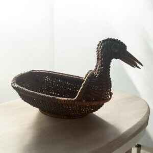 Vintage Duck Shaped Wicker Basket w/ Carved Wooden Beak